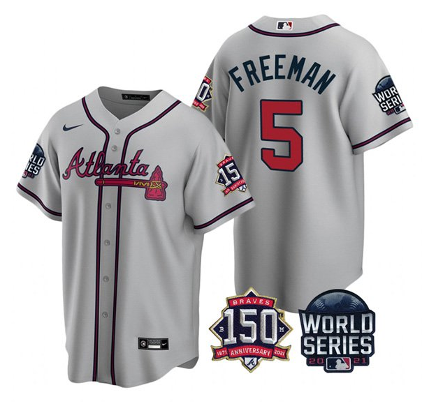 Men's Atlanta Braves #5 Freddie Freeman 2021 Gray World Series With 150th Anniversary Patch Cool Base Stitched Jersey Men's Atlanta Braves #5 Freddie Freeman 2021 Gray World Series With 150th Anniversary Patch Cool Base Stitched Jersey